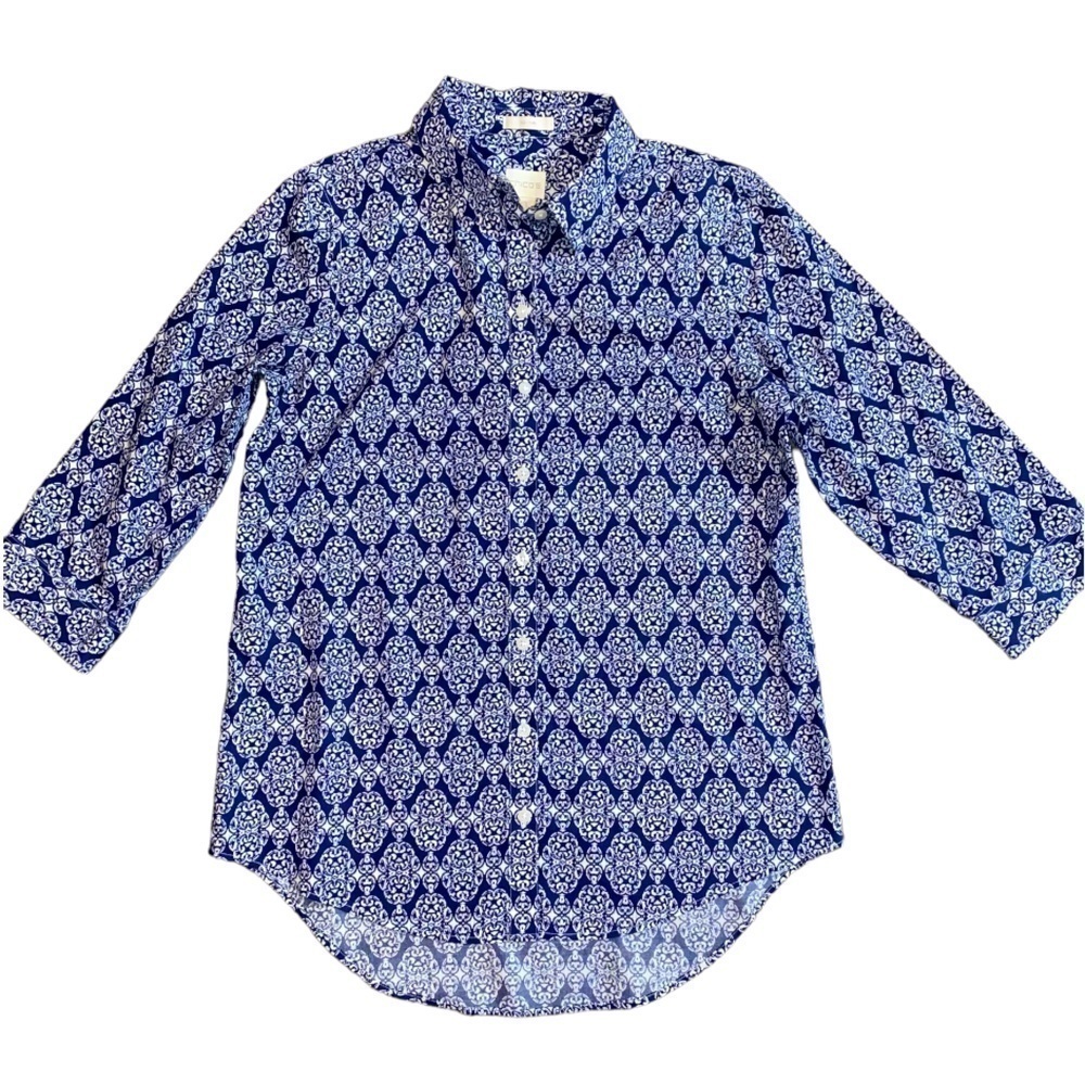 Chico's 3/4 Sleeve No Iron Button Down Front Damask Abstract Print Shirt Top
